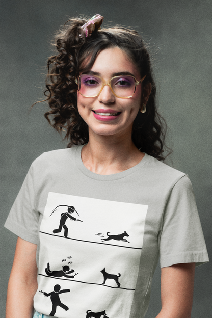 Woman wearing a t-shirt with a graphic design on a gray background