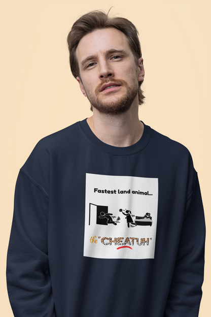 A person wearing a navy blue crewneck sweatshirt with a graphic print in the center that depicts a cheetah and the text 'Fastest land animal.