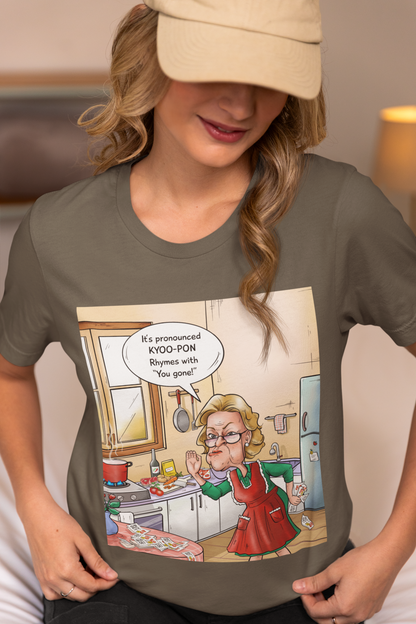 A person wearing an army unisex t-shirt with a graphic print of a character in a kitchen setting.